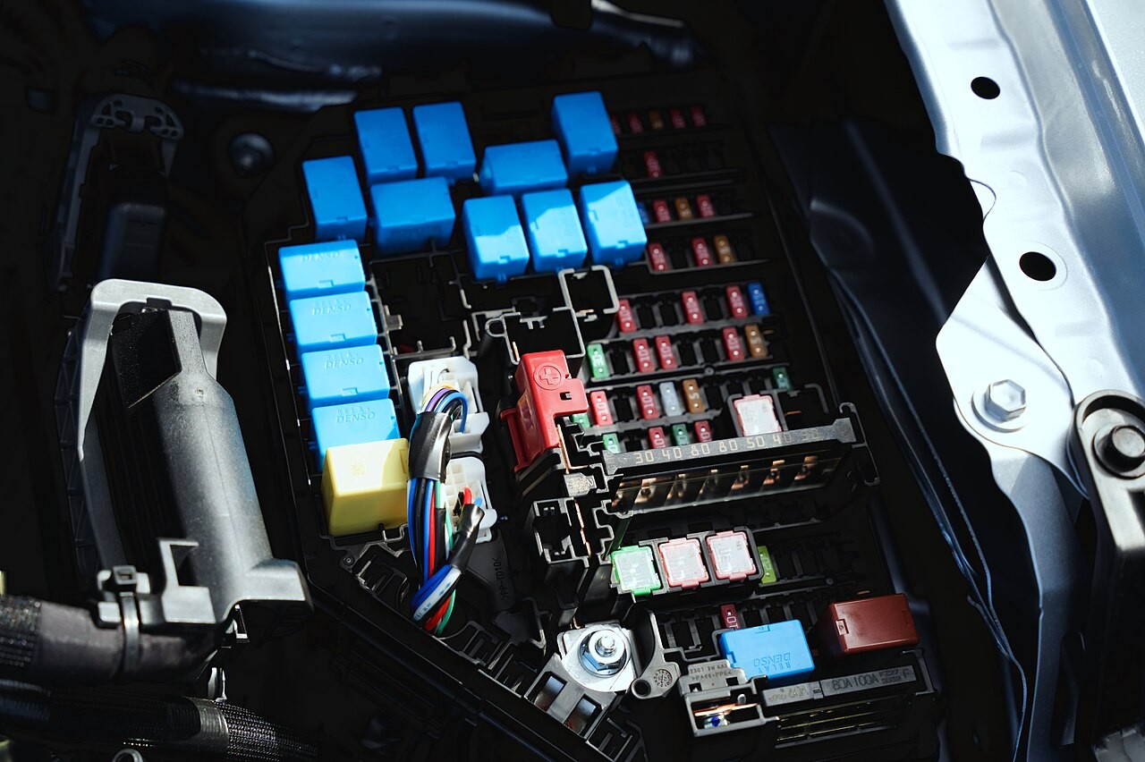 Stock photo: automotive fuses and blue electrical relays in an installed car fuse box.