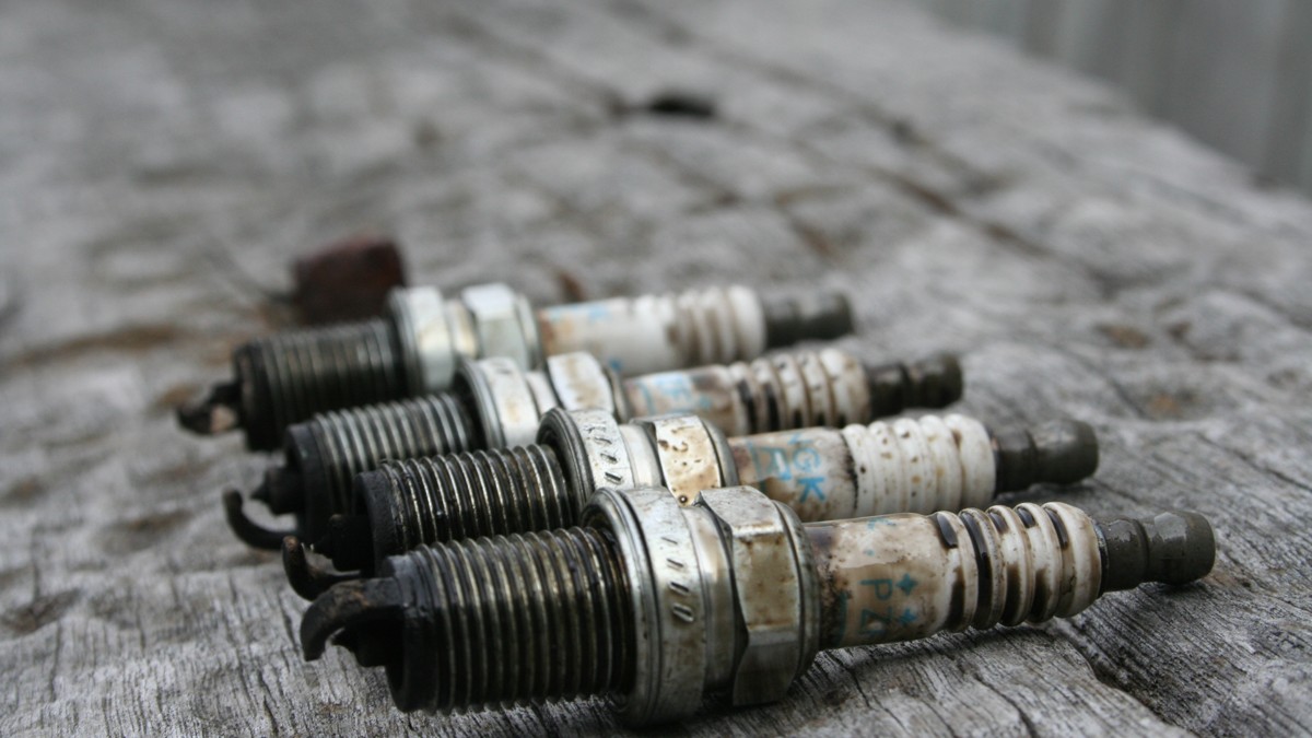 Stock photo: four used spark plugs laid out for inspection, with visible electrodes and ceramic insulators.