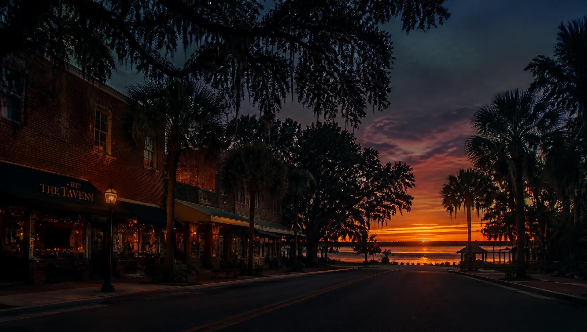 Historic lakeside downtown at dusk in Central Florida
