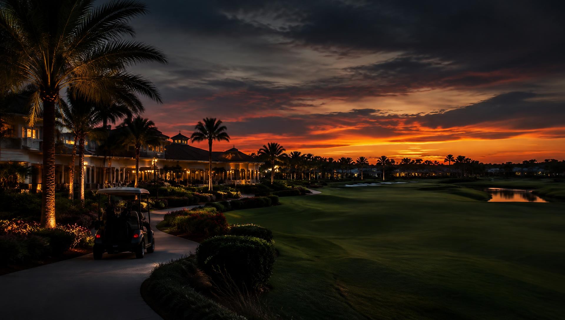 Palm-lined golf cart path and town square at sunset